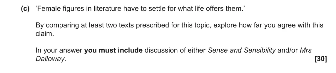 June 2022 Component 2, question 8(c): ‘Female figures in literature have to settle for what life offers them.’ By comparing at least two texts prescribed for this topic, explore how far you agree wi