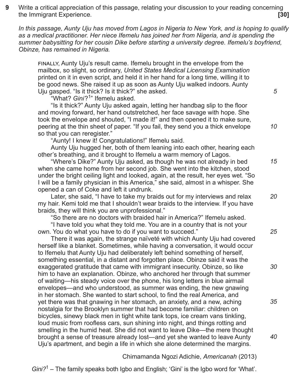 June 2022 Component 2, question 9: Write a critical appreciation of this passage, relating your discussion to your reading concerning the Immigrant Experience.