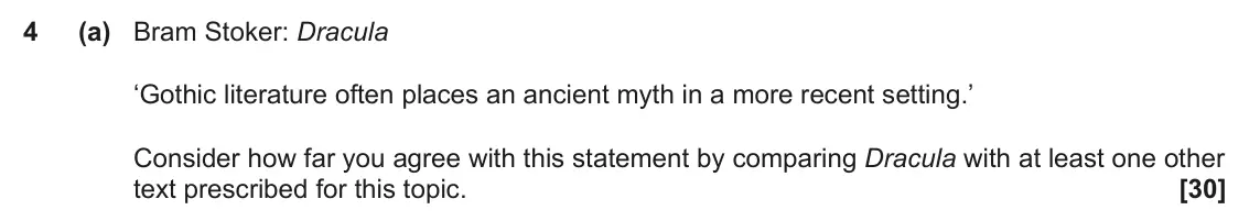 June 2023 Component 2, question 4(a): Bram Stoker: Dracula ‘Gothic literature often places an ancient myth in a more recent setting.’ Consider how far you agree with this statement by comparing Drac