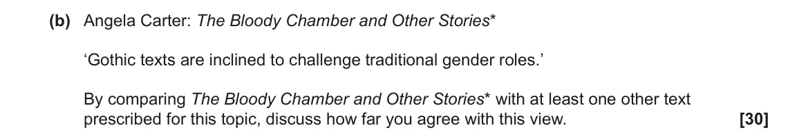 June 2023 Component 2, question 4(b): Angela Carter: The Bloody Chamber and Other Stories* ‘Gothic texts are inclined to challenge traditional gender roles.’ By comparing The Bloody Chamber and Othe