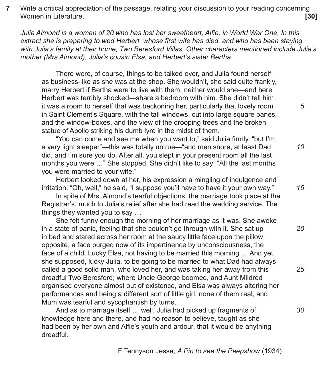 June 2023 Component 2, question 7: Write a critical appreciation of the passage, relating your discussion to your reading concerning Women in Literature.