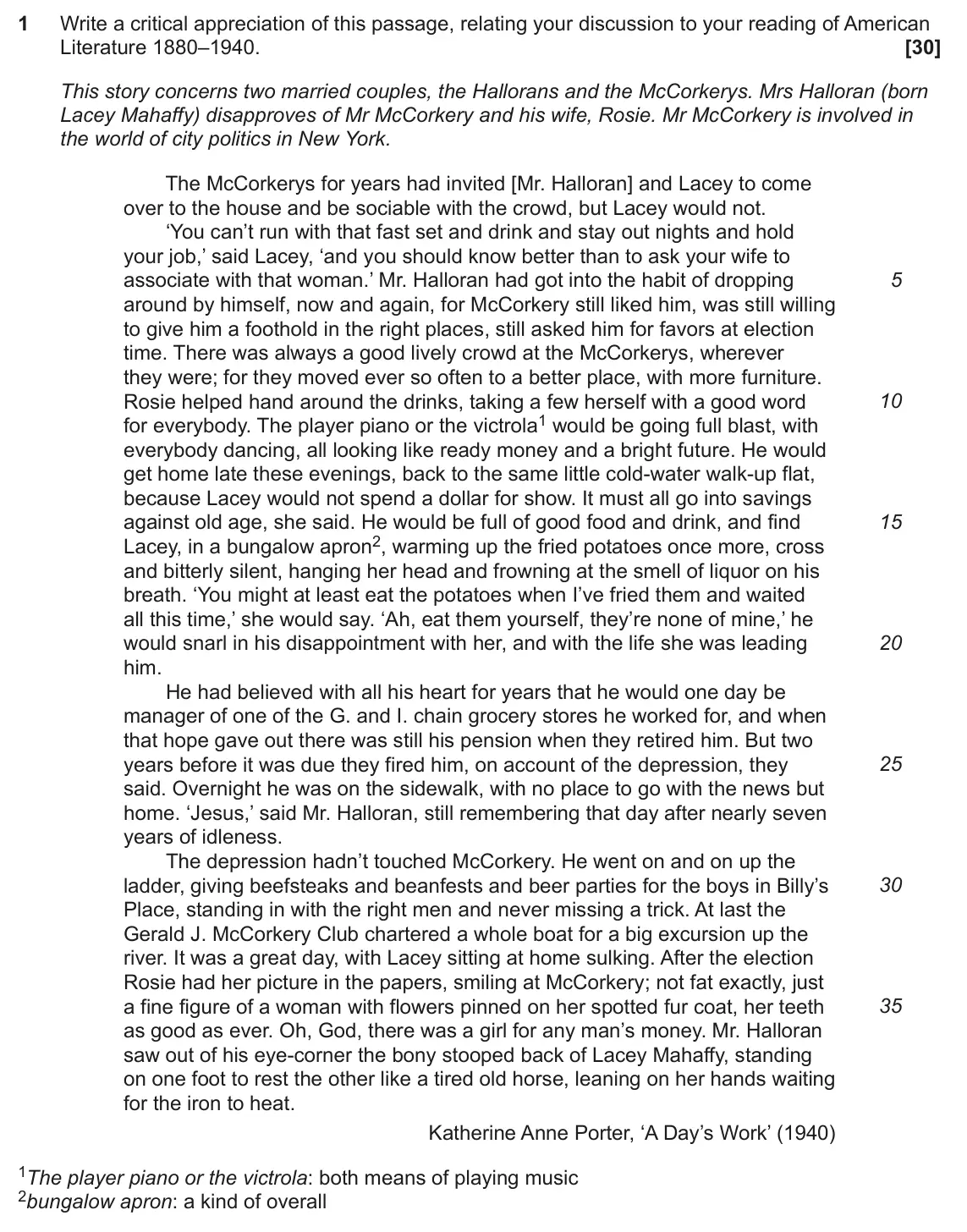 June 2024 Component 2, question 1: Write a critical appreciation of this passage, relating your discussion to your reading of American Literature 1880–1940.