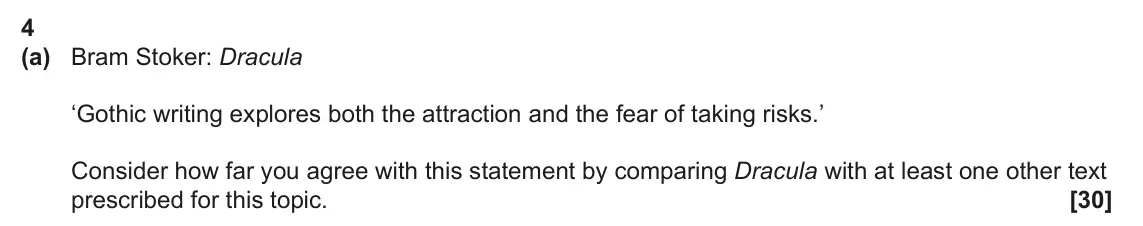 June 2024 Component 2, question 4(a): Bram Stoker: Dracula ‘Gothic writing explores both the attraction and the fear of taking risks.’ Consider how far you agree with this statement by comparing Dra