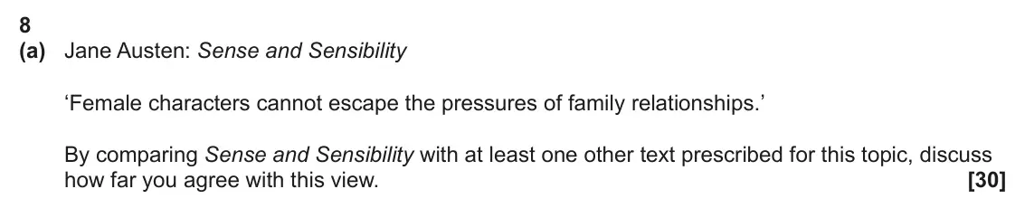 June 2024 Component 2, question 8(a): Jane Austen: Sense and Sensibility ‘Female characters cannot escape the pressures of family relationships.’ By comparing Sense and Sensibility with at least one