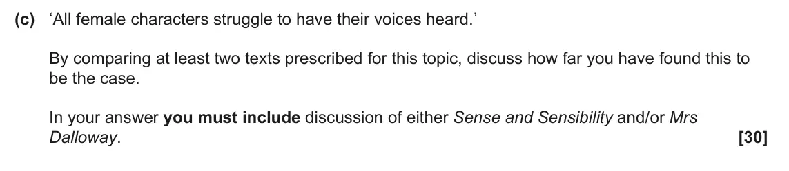 June 2024 Component 2, question 8(c): ‘All female characters struggle to have their voices heard.’ By comparing at least two texts prescribed for this topic, discuss how far you have found this to b