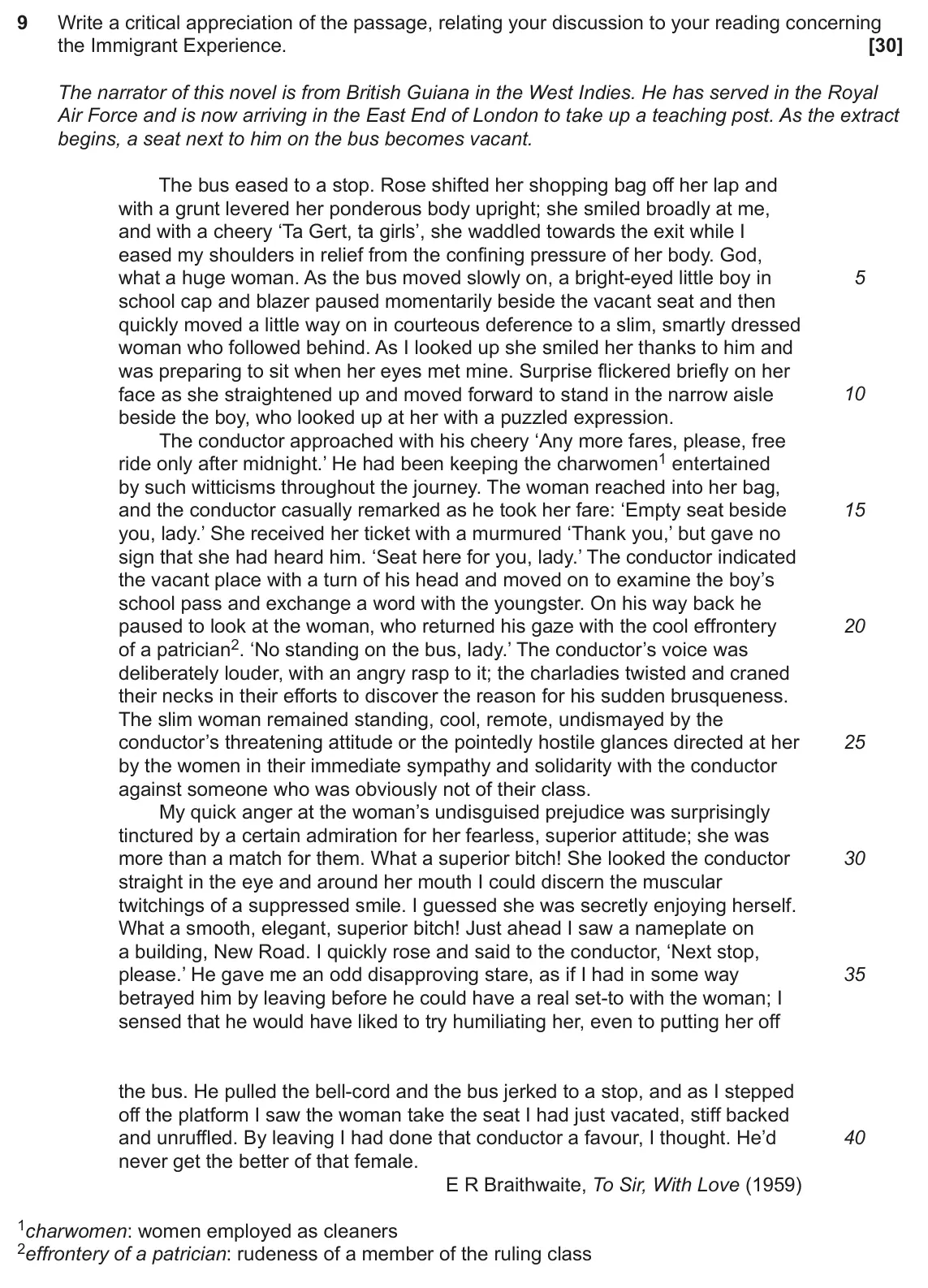 June 2024 Component 2, question 9: Write a critical appreciation of the passage, relating your discussion to your reading concerning the Immigrant Experience.