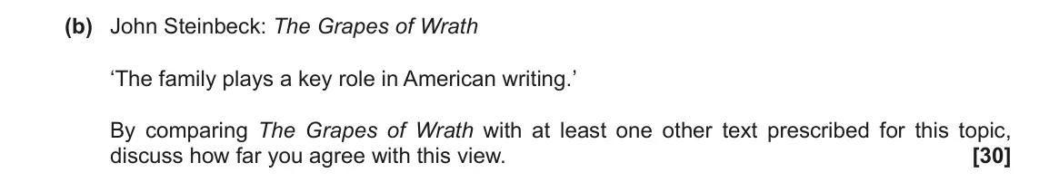 November 2021 Component 2, question 2(b): John Steinbeck: The Grapes of Wrath ‘The family plays a key role in American writing.’ By comparing The Grapes of Wrath with at least one other text prescribed 