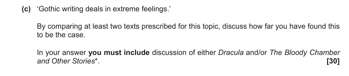 November 2021 Component 2, question 4(c): ‘Gothic writing deals in extreme feelings.’ By comparing at least two texts prescribed for this topic, discuss how far you have found this to be the case. In yo