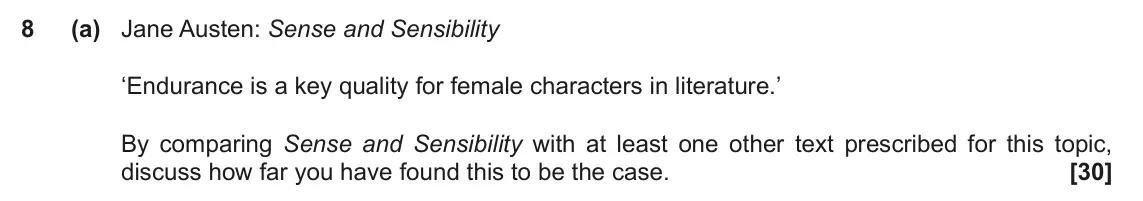 November 2021 Component 2, question 8(a): Jane Austen: Sense and Sensibility ‘Endurance is a key quality for female characters in literature.’ By comparing Sense and Sensibility with at least one other 