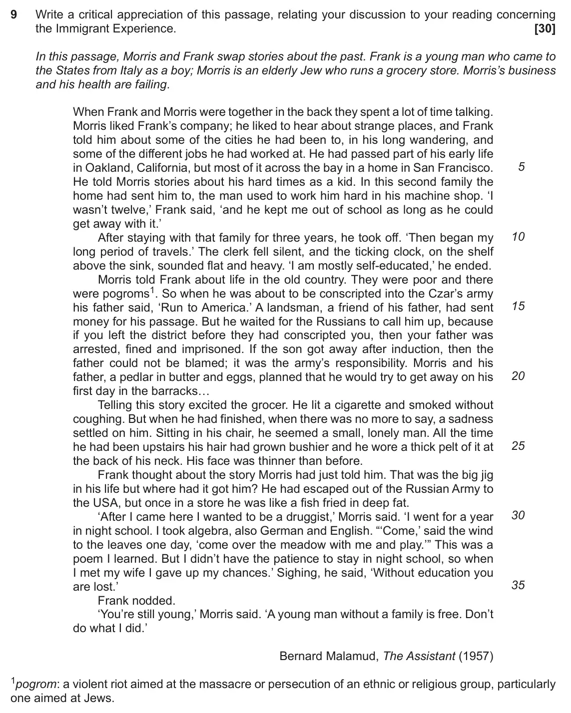 November 2021 Component 2, question 9: Write a critical appreciation of this passage, relating your discussion to your reading concerning the Immigrant Experience.