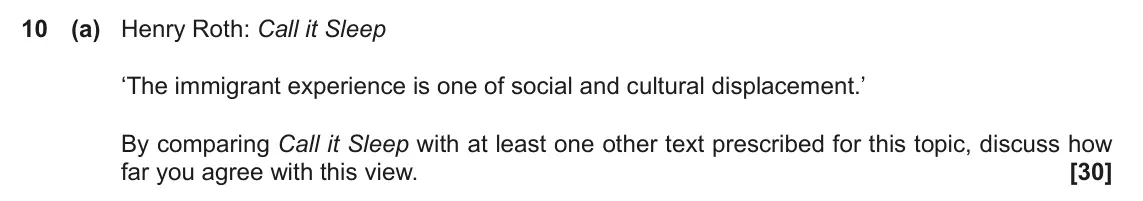 November 2021 Component 2, question 10(a): Henry Roth: Call it Sleep ‘The immigrant experience is one of social and cultural displacement.’ By comparing Call it Sleep with at least one other text prescri