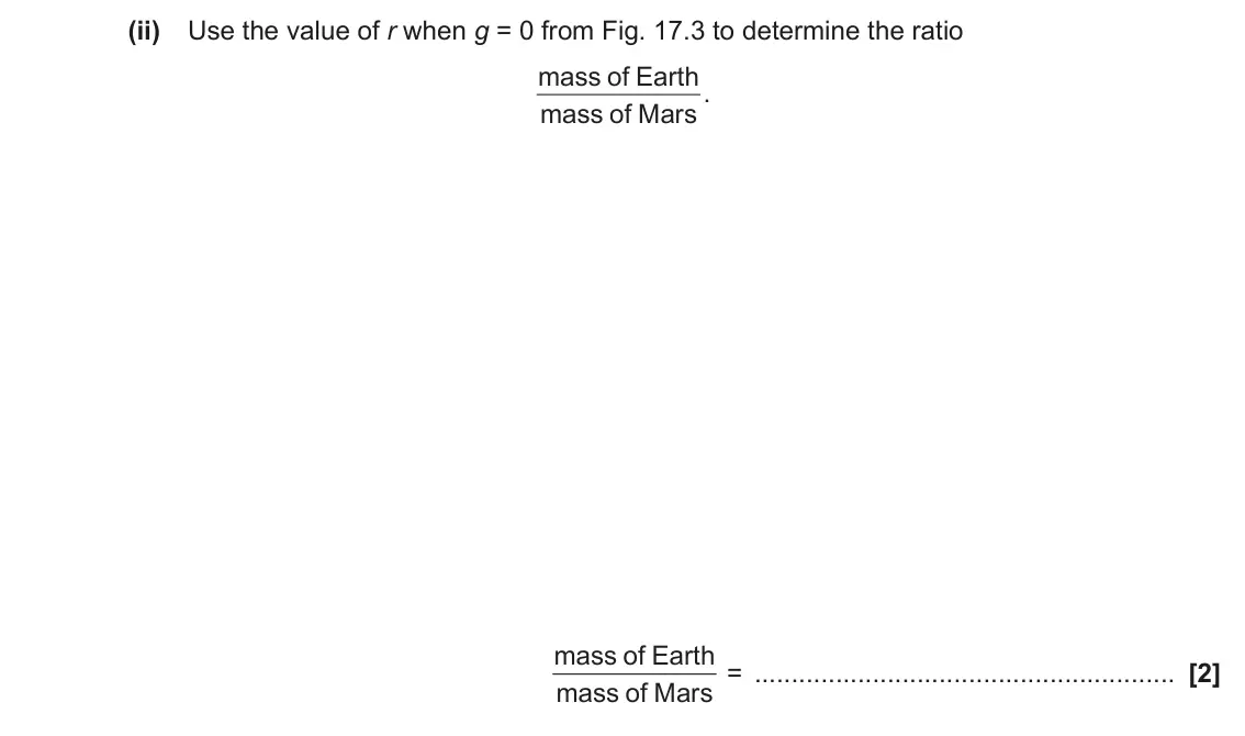 June 2018 Paper 1, question 17(c)(ii): Use the value of r when g = 0 from Fig. 17.3 to determine the ratio mass of Earth mass of Mars . mass of Earth mass of Mars = [2]