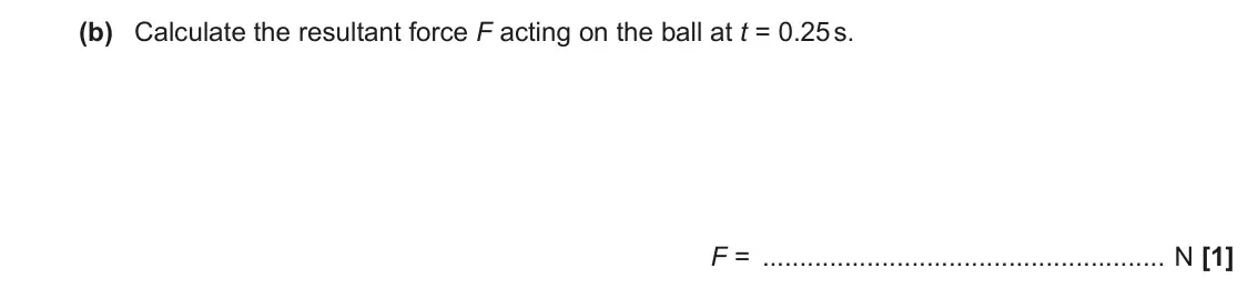 June 2019 Paper 1, question 17(b): Calculate the resultant force F acting on the ball at t = 0.25 s. F = N [1]