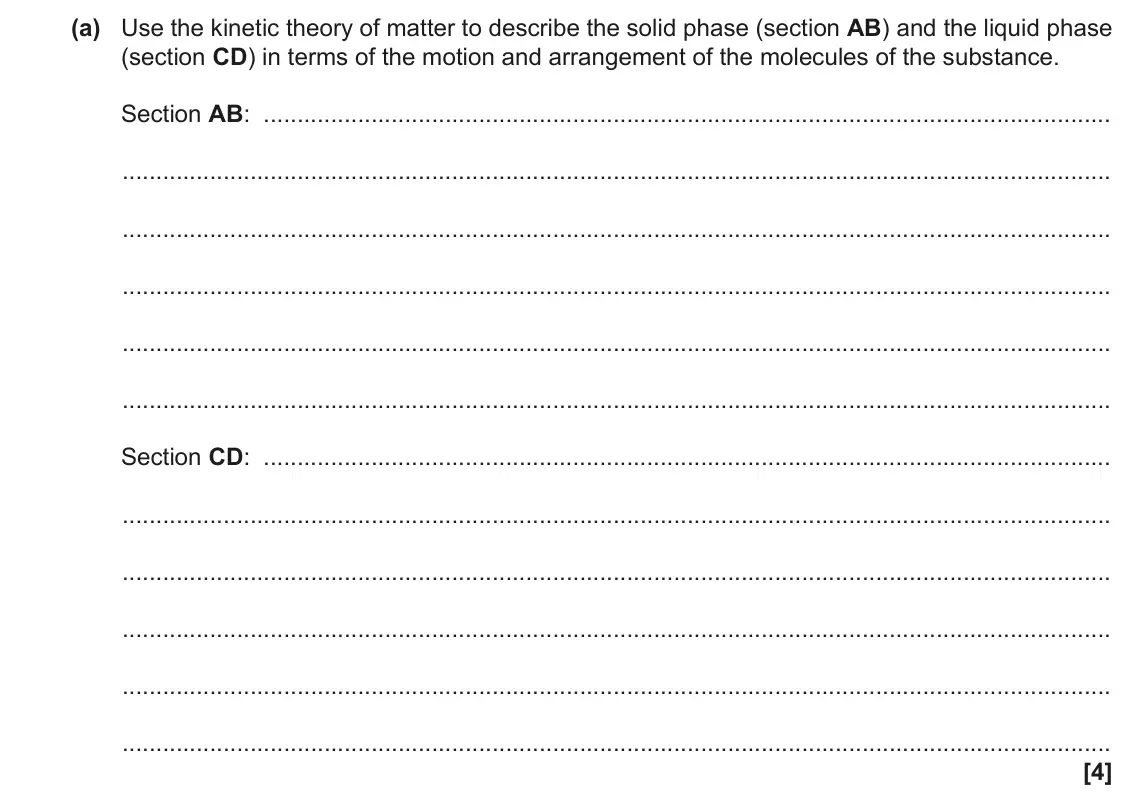 June 2019 Paper 1, question 21(a): Use the kinetic theory of matter to describe the solid phase (section AB) and the liquid phase (section CD) in terms of the motion and arrangement of the molecu