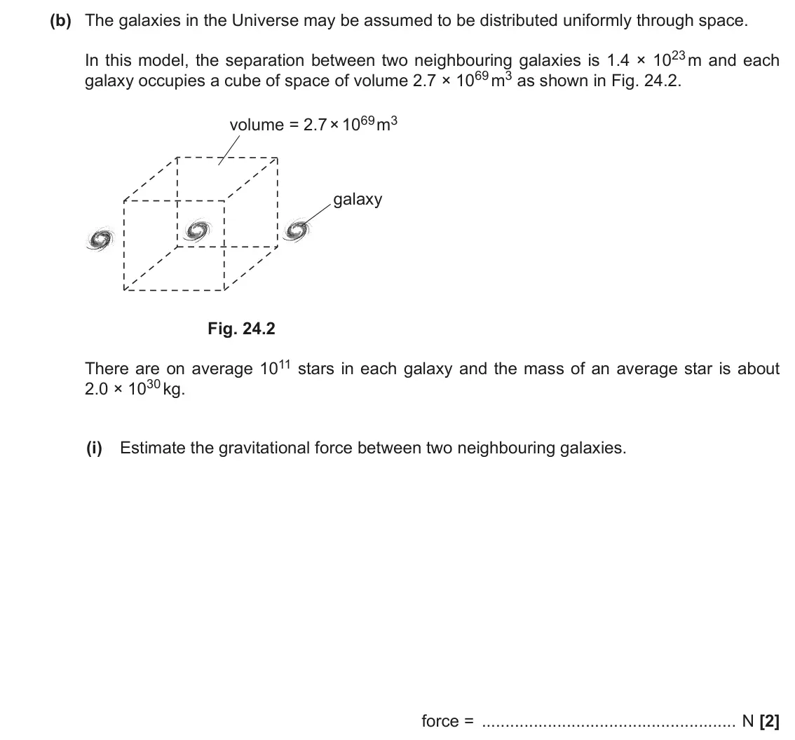 June 2019 Paper 1, question 24(b)(i): Estimate the gravitational force between two neighbouring galaxies. force = N [2]
