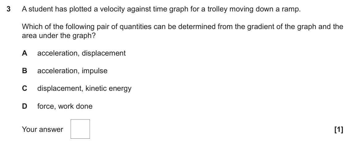 June 2022 Paper 1, question 3: A student has plotted a velocity against time graph for a trolley moving down a ramp. Which of the following pair of quantities can be determined from the gradi