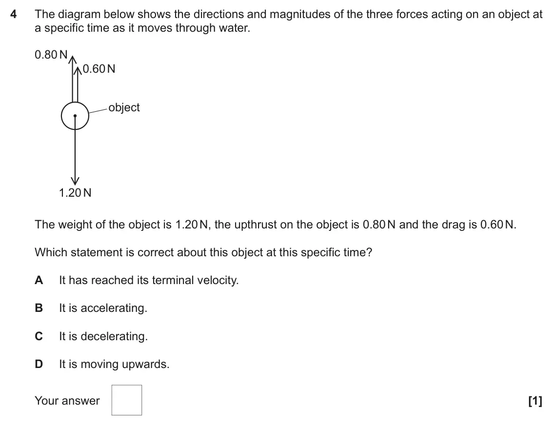 June 2022 Paper 1, question 4: The diagram below shows the directions and magnitudes of the three forces acting on an object at a specific time as it moves through water. 0.80 N 0.60 N object