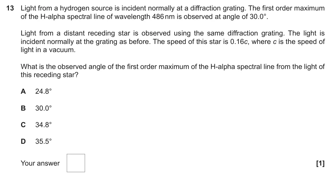 June 2022 Paper 1, question 13: Light from a hydrogen source is incident normally at a diffraction grating. The first order maximum of the H-alpha spectral line of wavelength 486 nm is observe