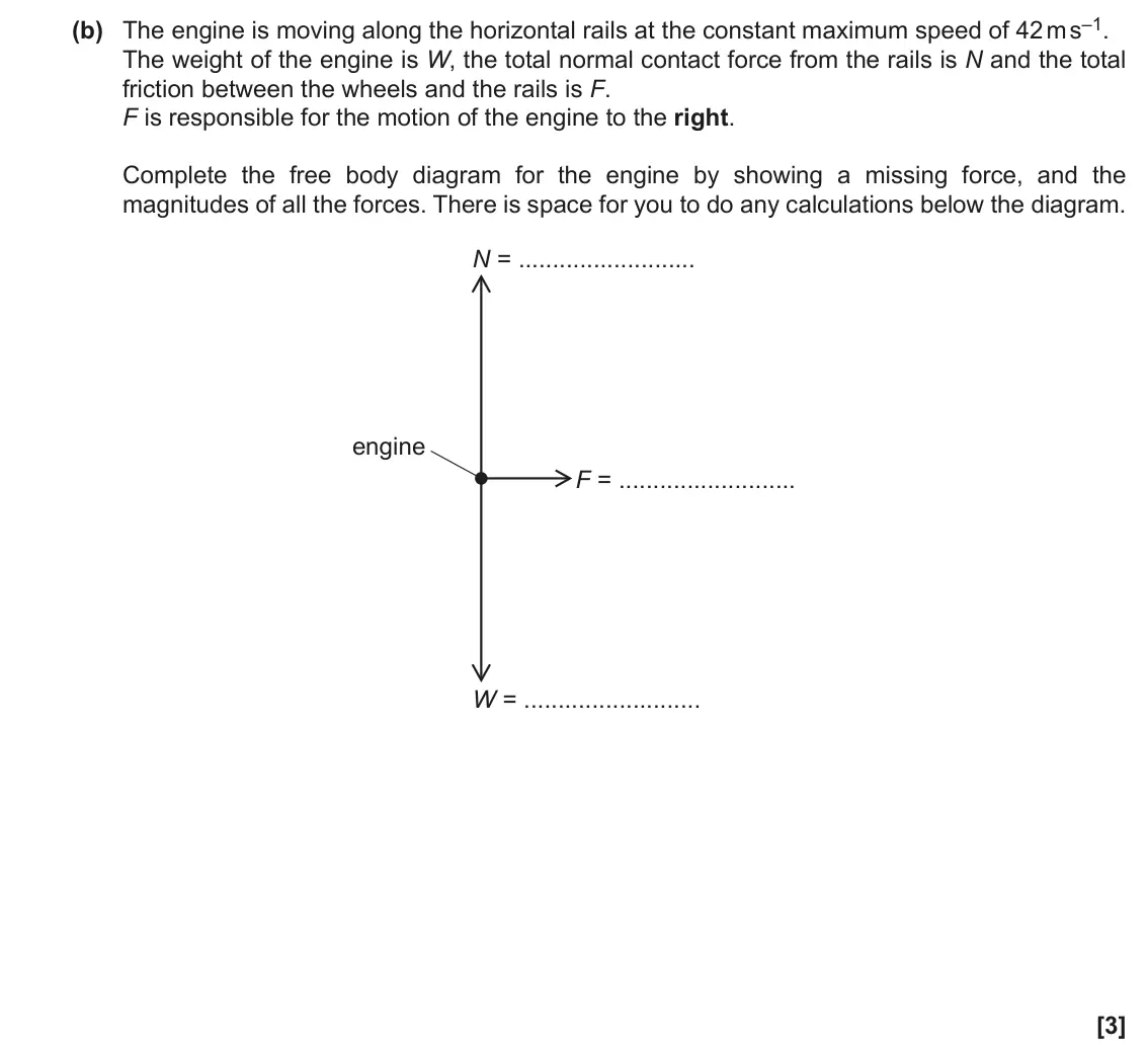 June 2022 Paper 1, question 17(b): The engine is moving along the horizontal rails at the constant maximum speed of 42 m s–1. The weight of the engine is W, the total normal contact force from th
