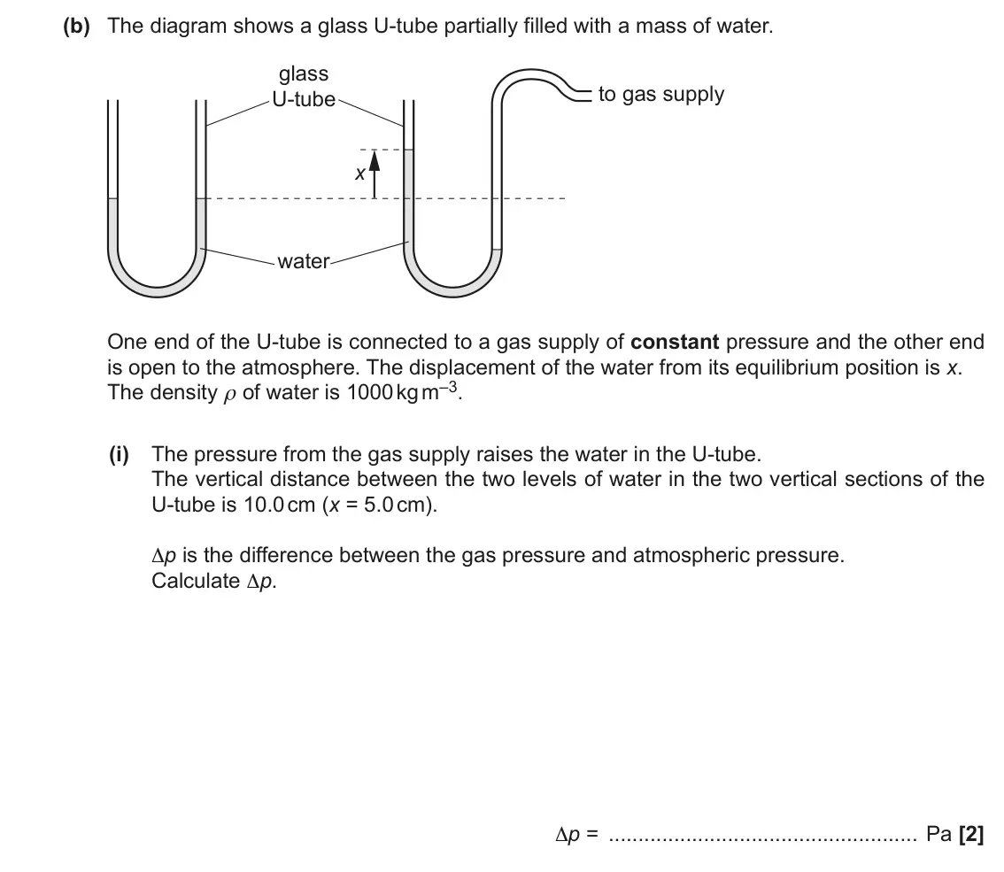 June 2022 Paper 1, question 20(b)(i): The pressure from the gas supply raises the water in the U-tube. The vertical distance between the two levels of water in the two vertical sections of the U-tub