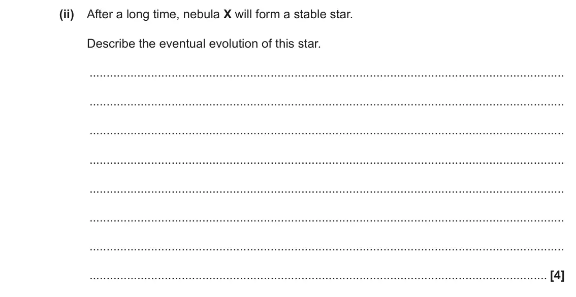 June 2022 Paper 1, question 21(c)(ii): After a long time, nebula X will form a stable star. Describe the eventual evolution of this star. [4]