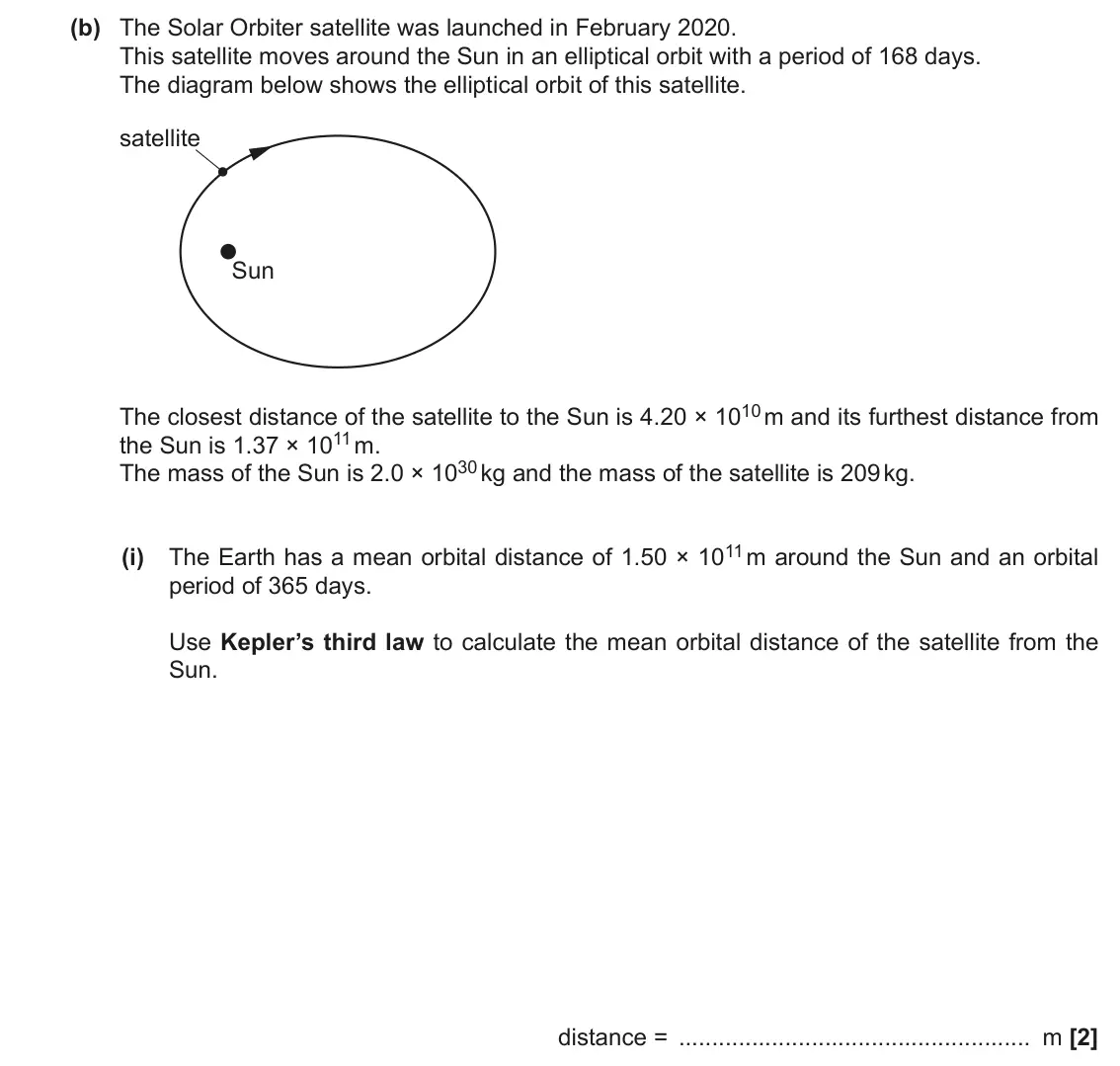 June 2022 Paper 1, question 23(b)(i): The Earth has a mean orbital distance of 1.50 × 1011 m around the Sun and an orbital period of 365 days. Use Kepler’s third law to calculate the mean orbital di