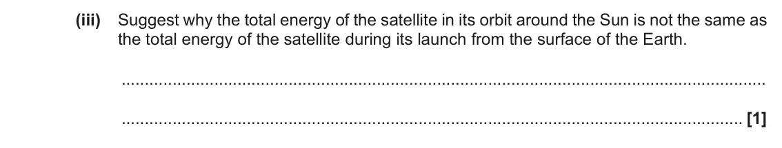 June 2022 Paper 1, question 23(b)(iii): Suggest why the total energy of the satellite in its orbit around the Sun is not the same as the total energy of the satellite during its launch from the surfac