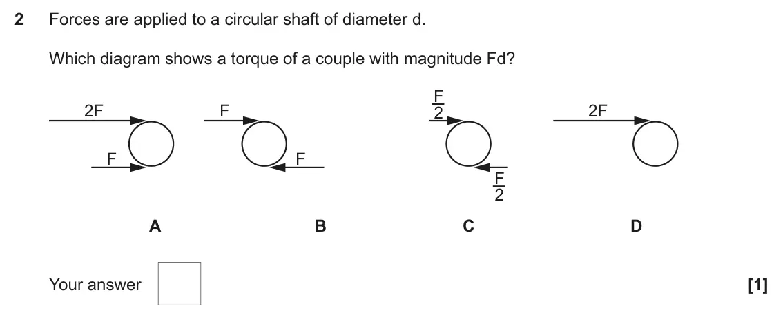 June 2023 Paper 1, question 2: Forces are applied to a circular shaft of diameter d. Which diagram shows a torque of a couple with magnitude Fd? F 2F F 2F 2 F F F 2 A B C D Your answer [1]