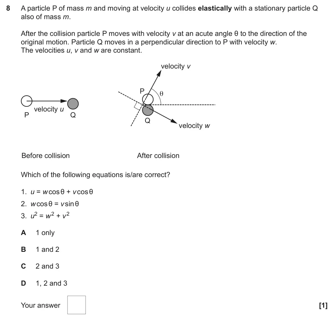 June 2023 Paper 1, question 8: A particle P of mass m and moving at velocity u collides elastically with a stationary particle Q also of mass m. After the collision particle P moves with velo