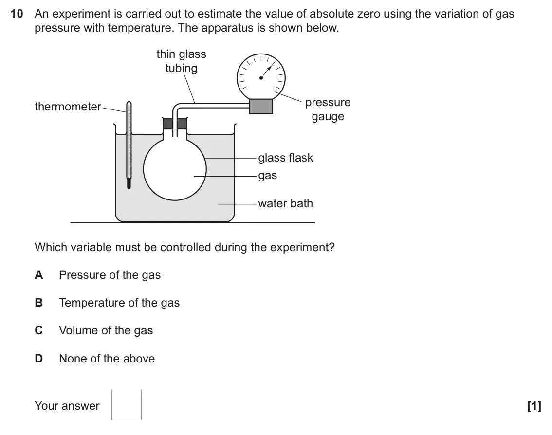 June 2023 Paper 1, question 10: An experiment is carried out to estimate the value of absolute zero using the variation of gas pressure with temperature. The apparatus is shown below. thin gla