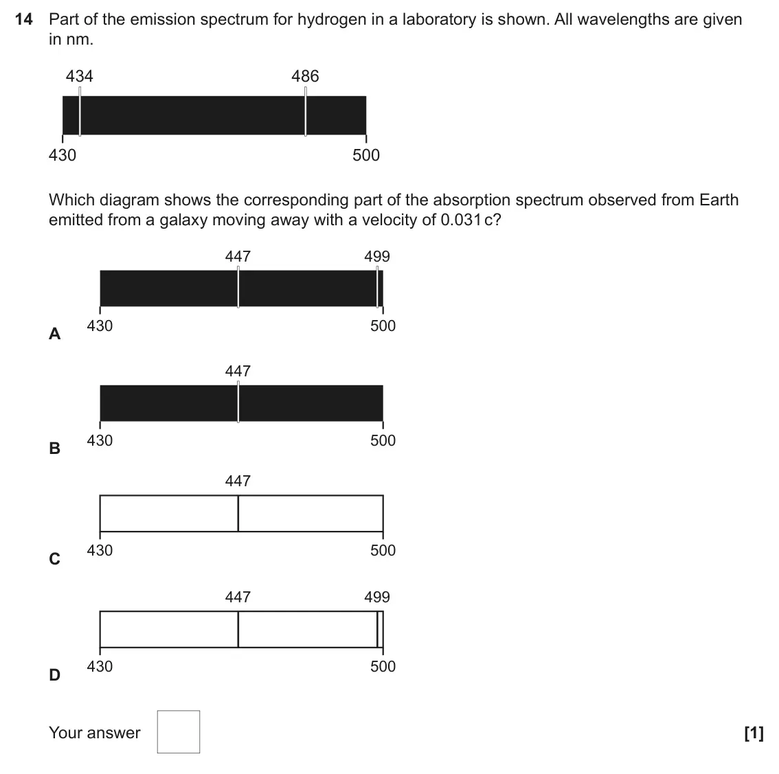 June 2023 Paper 1, question 14: Part of the emission spectrum for hydrogen in a laboratory is shown. All wavelengths are given in nm. 434 486 430 500 Which diagram shows the corresponding part