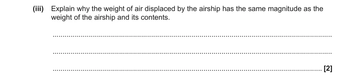 June 2023 Paper 1, question 20(b)(iii): Explain why the weight of air displaced by the airship has the same magnitude as the weight of the airship and its contents. [2]
