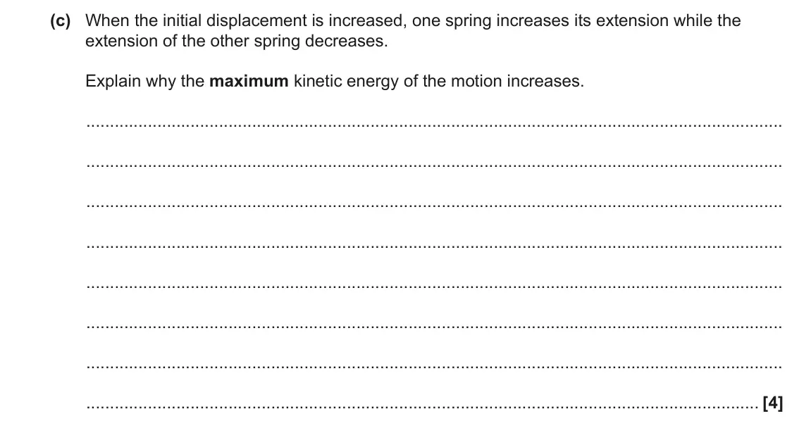 June 2023 Paper 1, question 21(c): When the initial displacement is increased, one spring increases its extension while the extension of the other spring decreases. Explain why the maximum kineti