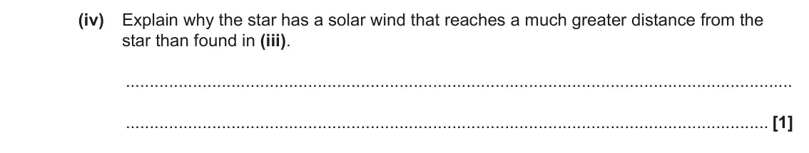 June 2023 Paper 1, question 23(b)(iv): Explain why the star has a solar wind that reaches a much greater distance from the star than found in (iii). [1]