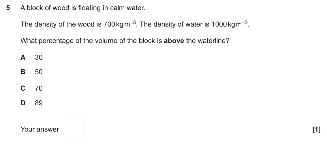 June 2024 Paper 1, question 5: A block of wood is floating in calm water. The density of the wood is 700 kg m–3. The density of water is 1000 kg m–3. What percentage of the volume of the bloc