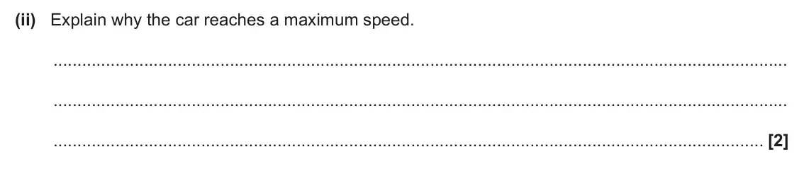 June 2024 Paper 1, question 16(a)(ii): Explain why the car reaches a maximum speed. [2]