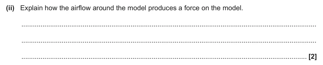 June 2024 Paper 1, question 17(b)(ii): Explain how the airflow around the model produces a force on the model. [2]