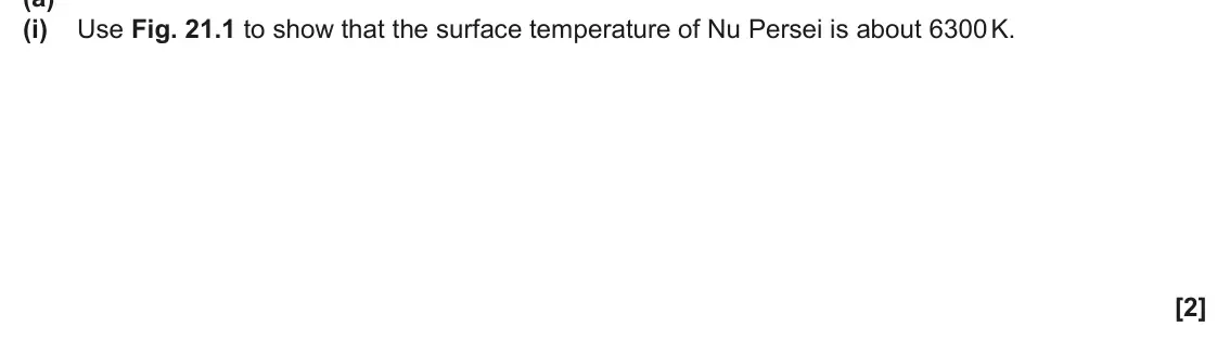 June 2024 Paper 1, question 21(a)(i): Use Fig. 21.1 to show that the surface temperature of Nu Persei is about 6300 K. [2]