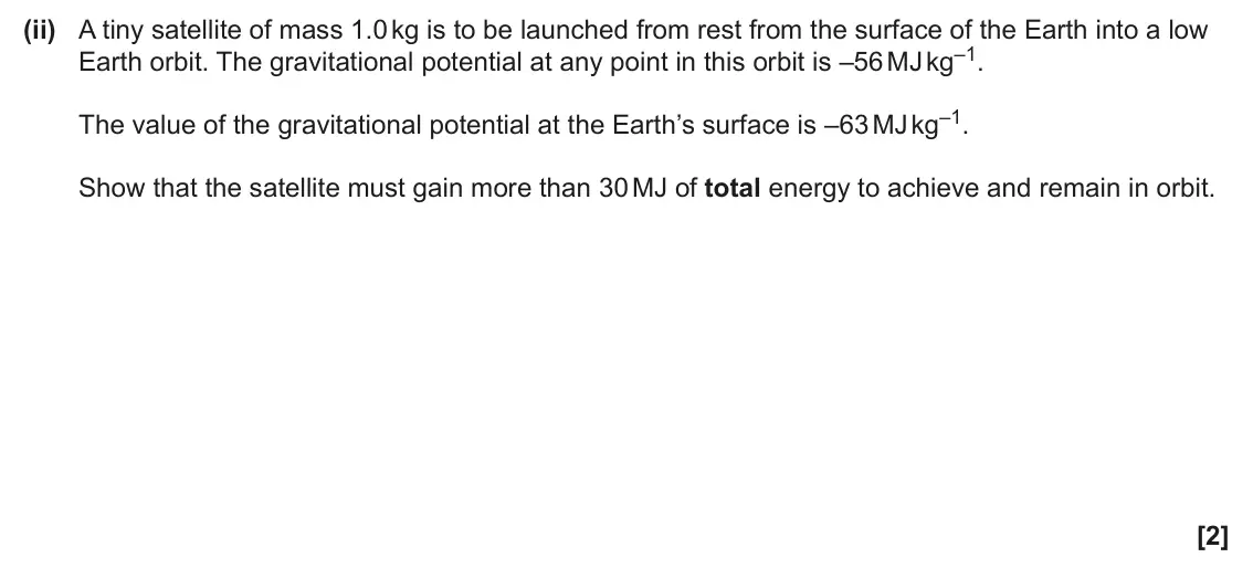 June 2024 Paper 1, question 22(b)(ii): A tiny satellite of mass 1.0 kg is to be launched from rest from the surface of the Earth into a low Earth orbit. The gravitational potential at any point in th