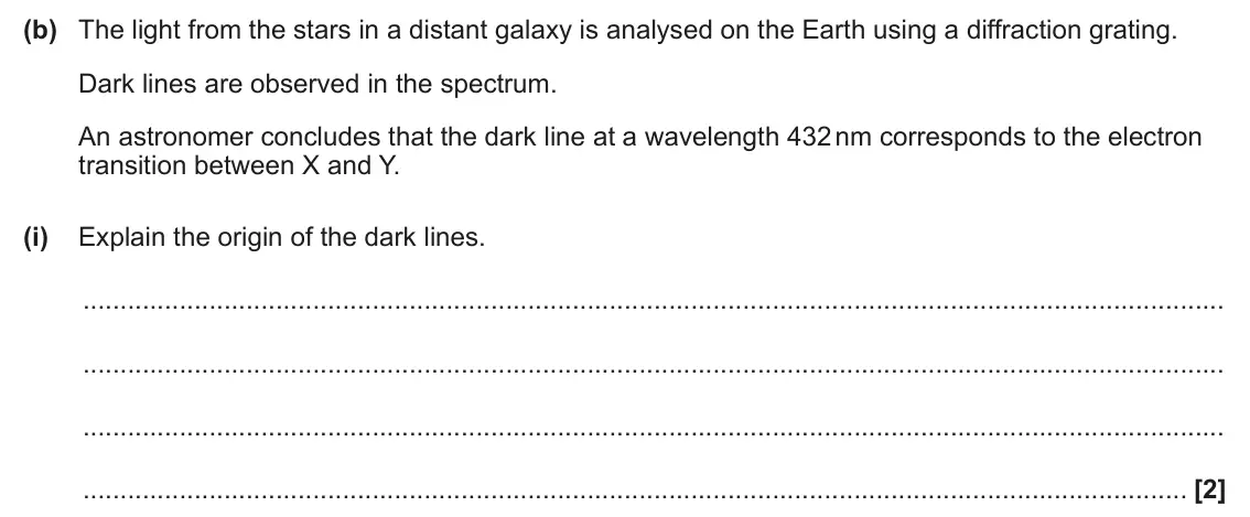 June 2024 Paper 1, question 23(b)(i): Explain the origin of the dark lines. [2]