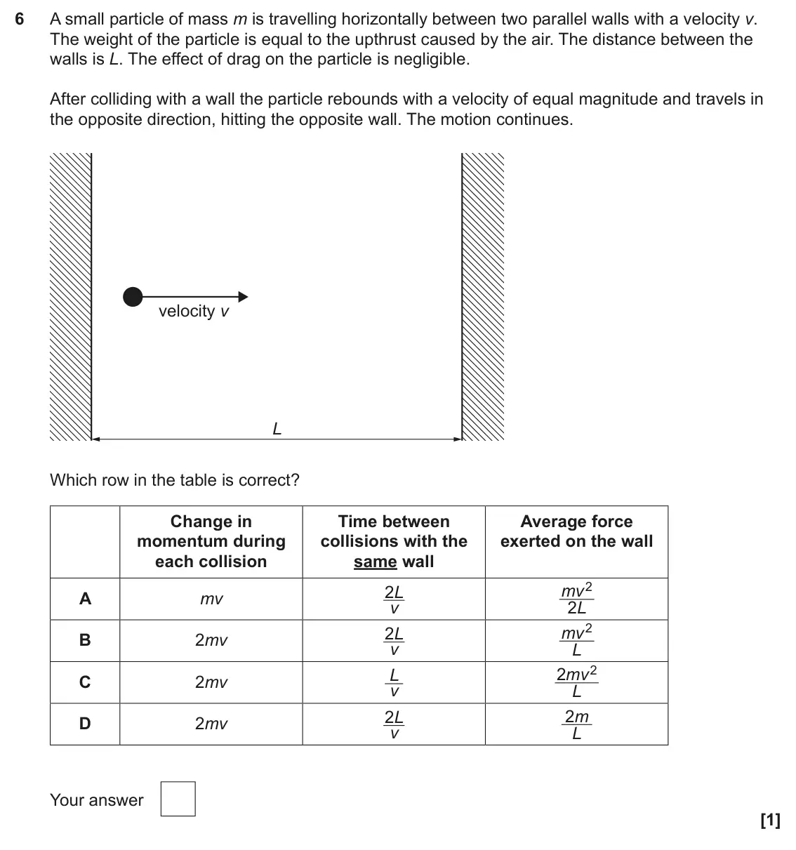 June 2025 Paper 1, question 6: A small particle of mass m is travelling horizontally between two parallel walls with a velocity v. The weight of the particle is equal to the upthrust caused b