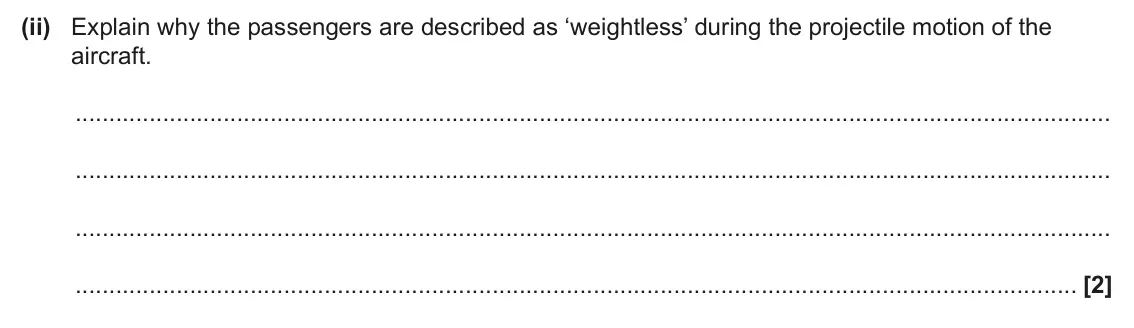 June 2025 Paper 1, question 17(b)(ii): Explain why the passengers are described as ‘weightless’ during the projectile motion of the aircraft. [2]