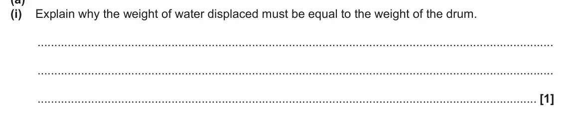 June 2025 Paper 1, question 18(a)(i): Explain why the weight of water displaced must be equal to the weight of the drum. [1]