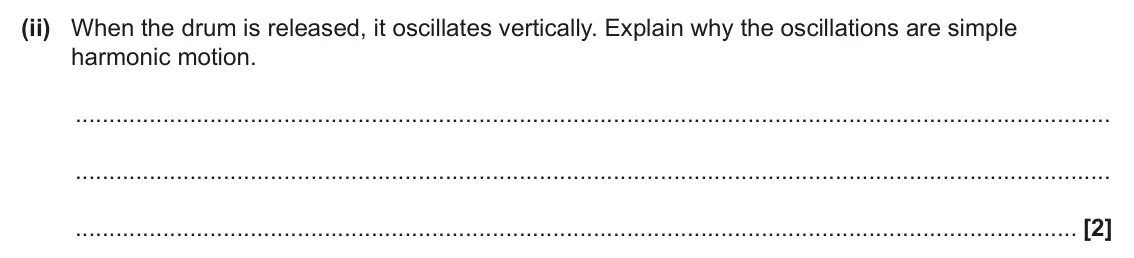 June 2025 Paper 1, question 18(b)(ii): When the drum is released, it oscillates vertically. Explain why the oscillations are simple harmonic motion. [2]
