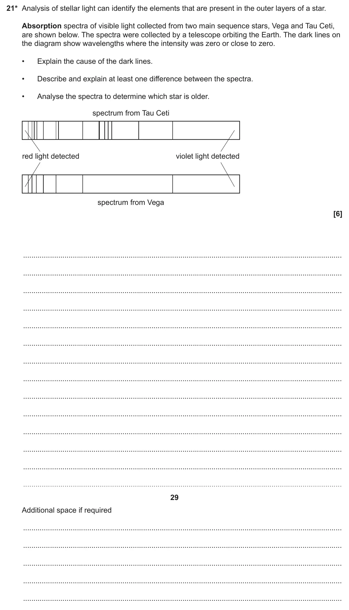 June 2025 Paper 1, question 21: 21* Analysis of stellar light can identify the elements that are present in the outer layers of a star. Absorption spectra of visible light collected from two m