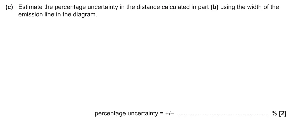 June 2025 Paper 1, question 23(c): Estimate the percentage uncertainty in the distance calculated in part (b) using the width of the emission line in the diagram. percentage uncertainty = +/– % [