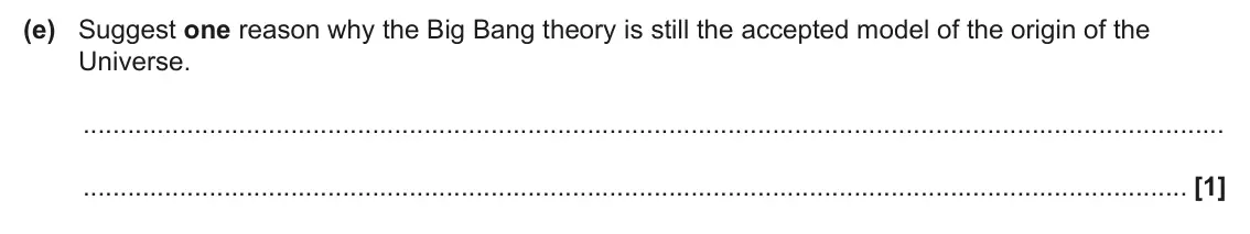 June 2025 Paper 1, question 23(e): Suggest one reason why the Big Bang theory is still the accepted model of the origin of the Universe. [1]