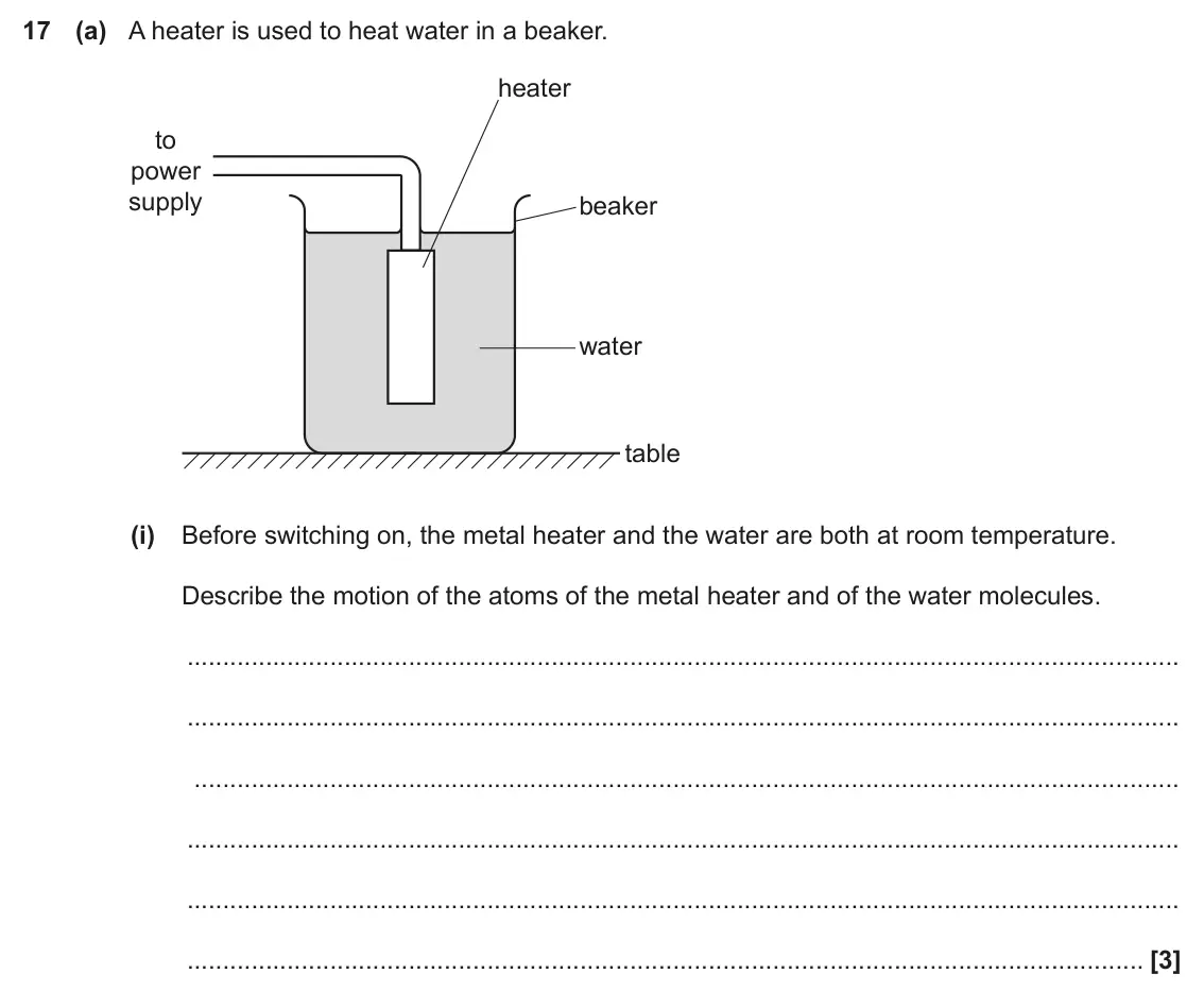 November 2020 Paper 1, question 17(a)(i): Before switching on, the metal heater and the water are both at room temperature. Describe the motion of the atoms of the metal heater and of the water molecule