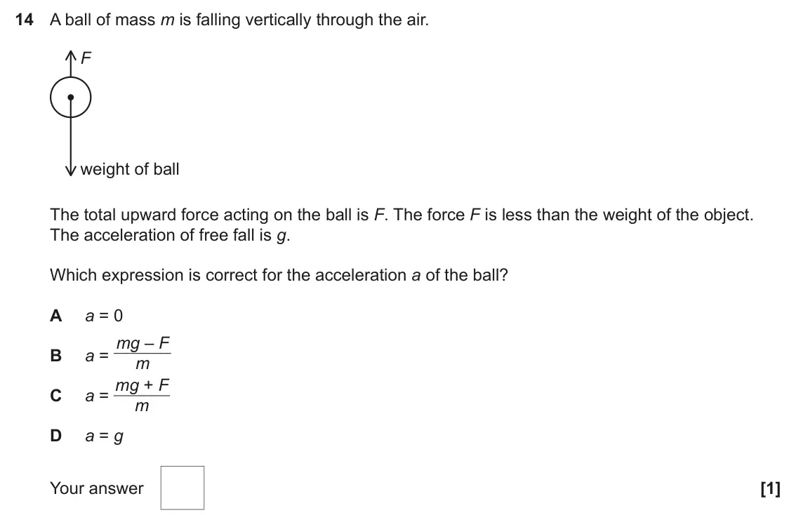 November 2021 Paper 1, question 14: A ball of mass m is falling vertically through the air. F weight of ball The total upward force acting on the ball is F. The force F is less than the weight of