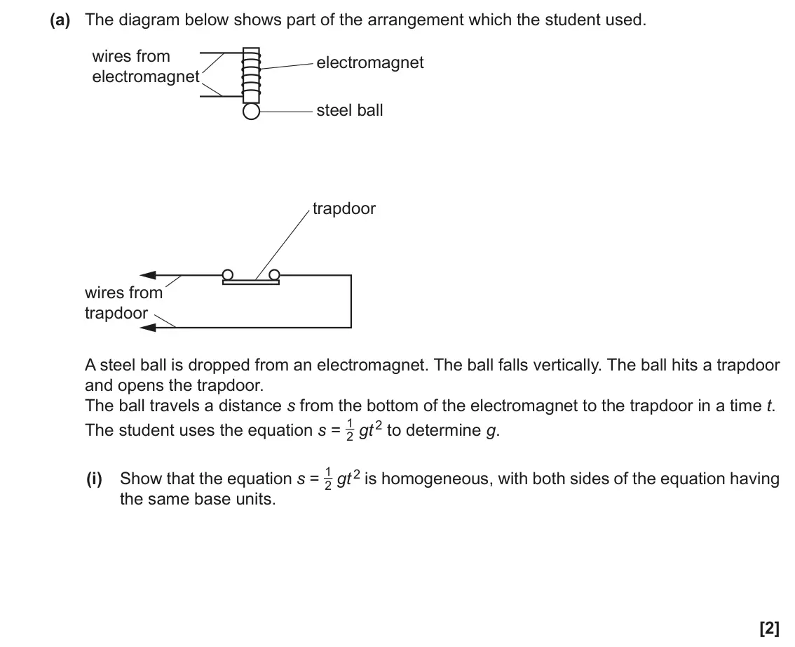 November 2021 Paper 1, question 16(a)(i): Show that the equation s = 1 2 gt 2 is homogeneous, with both sides of the equation having the same base units. [2]